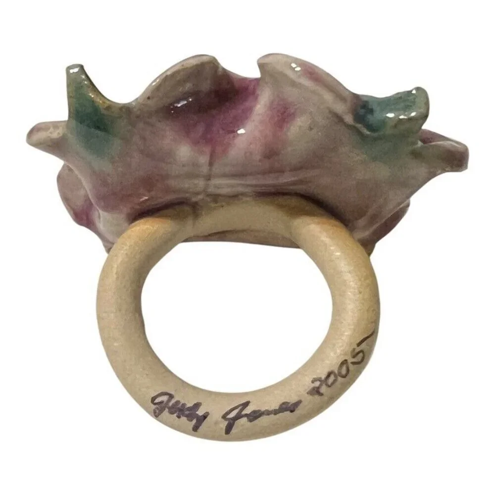 8 Judy Jones Pottery Signed Napkin Rings Studio Art Floral Design Multicolor Vtg